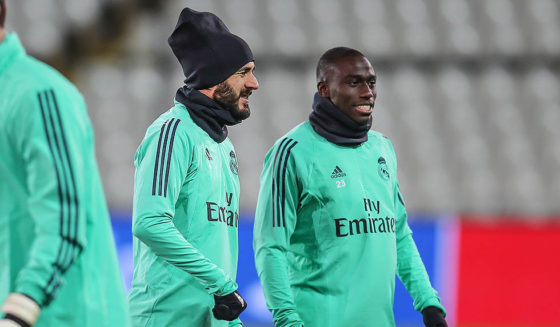 Real's Karim Benzema and Real's Ferland Mendy pictured during a training session of Spanish club Real Madrid, Tuesday 10 December 2019 in Brugge, in preparation of tomorrow's Champions League game against Belgian soccer team Club Brugge, on the last day (out of six) in the Group A of the UEFA Champions League group stage. BELGA PHOTO BRUNO FAHY (Photo by BRUNO FAHY/BELGA MAG/AFP via Getty Images)