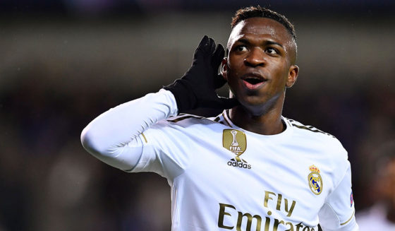 Real Madrid's Brazilian forward Vinicius Junior celebrates after scoring their second goal during the UEFA Champions League Group A football match between Club Brugge and Real Madrid CF at the Jan Breydel Stadium in Bruges on December 11, 2019. (Photo by JOHN THYS / AFP) (Photo by JOHN THYS/AFP via Getty Images)