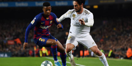 BARCELONA, SPAIN - DECEMBER 18: Francisco Alarcon 'Isco' of Real Madrid takes on Nelson Semedo of Barcelona during the Liga match between FC Barcelona and Real Madrid CF at Camp Nou on December 18, 2019 in Barcelona, Spain. (Photo by Alex Caparros/Getty Images)