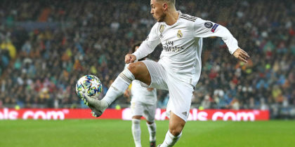 MADRID, SPAIN - NOVEMBER 26: Eden Hazard of Real Madrid runs with the ball during the UEFA Champions League group A match between Real Madrid and Paris Saint-Germain at Bernabeu on November 26, 2019 in Madrid, Spain. (Photo by Angel Martinez/Getty Images)