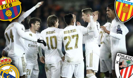 BRUGGE, BELGIUM - DECEMBER 11: Luka Modric of Real Madrid celebrates with teammates after scoring his team's third goal during the UEFA Champions League group A match between Club Brugge KV and Real Madrid at Jan Breydel Stadium on December 11, 2019 in Brugge, Belgium. (Photo by Dean Mouhtaropoulos/Getty Images)