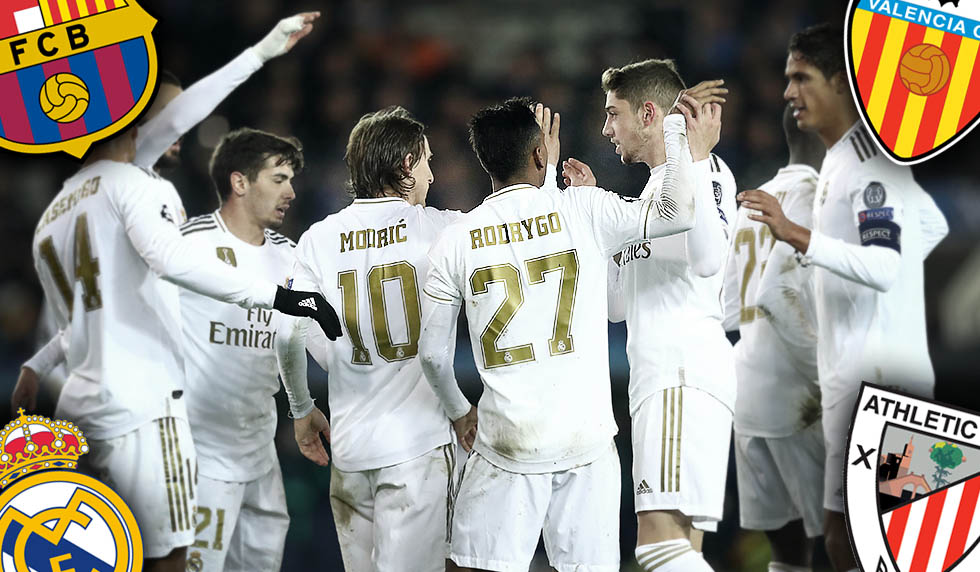 BRUGGE, BELGIUM - DECEMBER 11: Luka Modric of Real Madrid celebrates with teammates after scoring his team's third goal during the UEFA Champions League group A match between Club Brugge KV and Real Madrid at Jan Breydel Stadium on December 11, 2019 in Brugge, Belgium. (Photo by Dean Mouhtaropoulos/Getty Images)