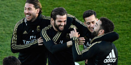 (L to R) Real Madrid's Spanish defender Sergio Ramos, Real Madrid's Spanish defender Nacho Fernandez, Real Madrid's Spanish forward Lucas Vazquez and Real Madrid's Spanish defender Dani Carvajal attend a public training session at the Ciudad Real Madrid training ground in Valdebebas, Madrid, on December 30, 2019. (Photo by OSCAR DEL POZO / AFP) (Photo by OSCAR DEL POZO/AFP via Getty Images)
