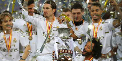 JEDDAH, SAUDI ARABIA - JANUARY 12: Sergio Ramos of Real Madrid lifts the trophy with his team after his teams victory in the Supercopa de Espana Final match between Real Madrid and Club Atletico de Madrid at King Abdullah Sports City on January 12, 2020 in Jeddah, Saudi Arabia. (Photo by Francois Nel/Getty Images)