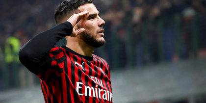 MILAN, ITALY - JANUARY 15: Theo Hernandez of AC Milan celebrates his goal during the Coppa Italia match between AC Milan and SPAL at Stadio Giuseppe Meazza on January 15, 2020 in Milan, Italy. (Photo by Marco Luzzani/Getty Images)