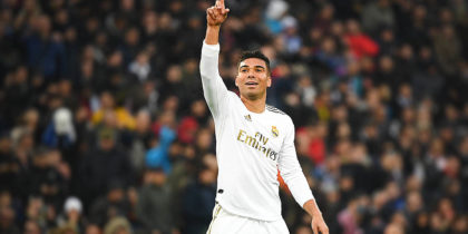Real Madrid's Brazilian midfielder Casemiro celebrates his second goal during the Spanish league football match between Real Madrid CF and Sevilla FC at the Santiago Bernabeu stadium in Madrid on January 18, 2020. (Photo by GABRIEL BOUYS / AFP) (Photo by GABRIEL BOUYS/AFP via Getty Images)