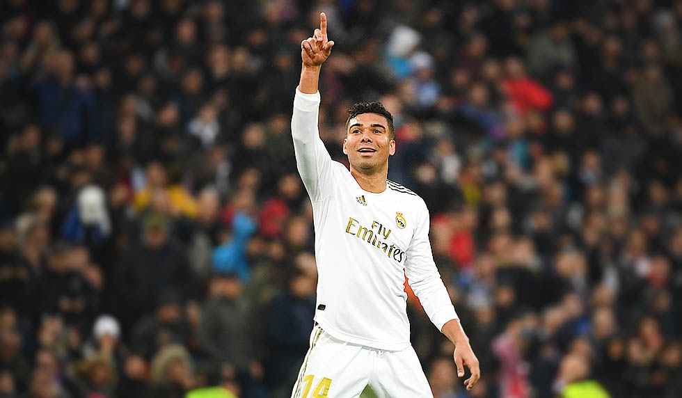 Real Madrid's Brazilian midfielder Casemiro celebrates his second goal during the Spanish league football match between Real Madrid CF and Sevilla FC at the Santiago Bernabeu stadium in Madrid on January 18, 2020. (Photo by GABRIEL BOUYS / AFP) (Photo by GABRIEL BOUYS/AFP via Getty Images)