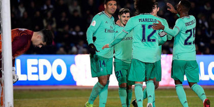 Real Madrid players celebrate Unionistas' own goal during the Copa del Rey (King's Cup) football match between Unionistas de Salamanca CF and Real Madrid CF at Las Pistas del Helmantico stadium in Salamanca, on January 22, 2020. (Photo by JAVIER SORIANO / AFP) (Photo by JAVIER SORIANO/AFP via Getty Images)