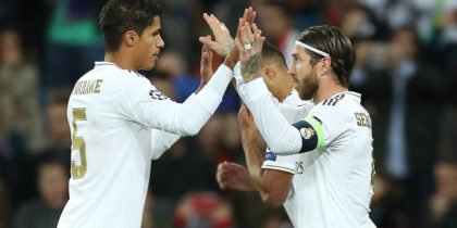 MADRID, SPAIN - NOVEMBER 06: Sergio Ramos of Real Madrid celebrates with teammate Raphael Varane after scoring his team's third goal during the UEFA Champions League group A match between Real Madrid and Galatasaray at Bernabeu on November 06, 2019 in Madrid, Spain. (Photo by Angel Martinez/Getty Images)
