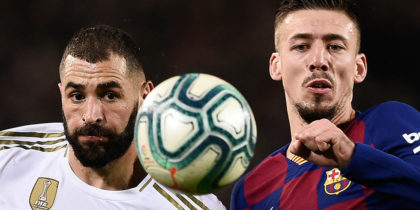 Real Madrid's French forward Karim Benzema (L) vies with Barcelona's French defender Clement Lenglet during the "El Clasico" Spanish League football match between Barcelona FC and Real Madrid CF at the Camp Nou Stadium in Barcelona on December 18, 2019, (Photo by Josep LAGO / AFP) (Photo by JOSEP LAGO/AFP via Getty Images)
