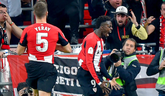 Athletic Bilbao's Spanish forward Inaki Williams celebrates his goal during the Spanish Copa del Rey (King's Cup) quarter-final football match Athletic Club Bilbao against FC Barcelona at the San Mames stadium in Bilbao on February 06, 2020. (Photo by ANDER GILLENEA / AFP) (Photo by ANDER GILLENEA/AFP via Getty Images)