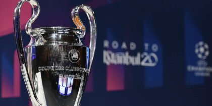 The UEFA Champions League football trophy is pictured prior to the cup's round of 16 draw ceremony on December 16, 2019 in Nyon. (Photo by Fabrice COFFRINI / AFP) (Photo by FABRICE COFFRINI/AFP via Getty Images)