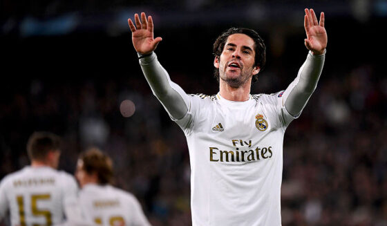 Real Madrid's Spanish midfielder Isco celebrates his goal during the UEFA Champions League round of 16 first-leg football match between Real Madrid CF and Manchester City at the Santiago Bernabeu stadium in Madrid on February 26, 2020. (Photo by PIERRE-PHILIPPE MARCOU / AFP) (Photo by PIERRE-PHILIPPE MARCOU/AFP via Getty Images)
