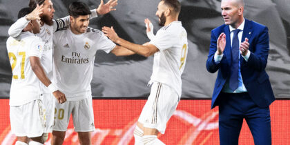 Rodrygo Goes, Sergio Ramos, Marco Asensio, Karim Benzema, Zinédine Zidane, Jubel