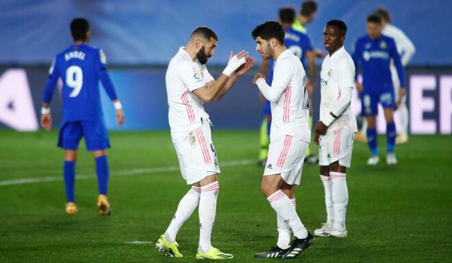 Karim Benzema, Marco Asensio, Vinicius, Jubel