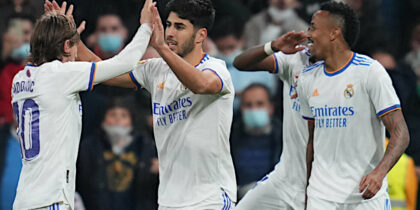 ESP: Real Madrid-Atletico de Madrid. La Liga Santander Marco Asensio of Real Madrid celebrates with his teammate Luka Modric after scoring the 2-0 during the La Liga match between Real Madrid and Atletico de Madrid played at Santiago Bernabeu Stadium on December 12, 2021 in Madrid, Spain.