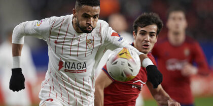 CA Osasuna v Sevilla FC - La Liga Santander Youssef En-Nesyri of Sevilla and Manu Sanchez of Osasuna compete for the bal
