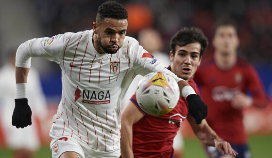 CA Osasuna v Sevilla FC - La Liga Santander Youssef En-Nesyri of Sevilla and Manu Sanchez of Osasuna compete for the bal