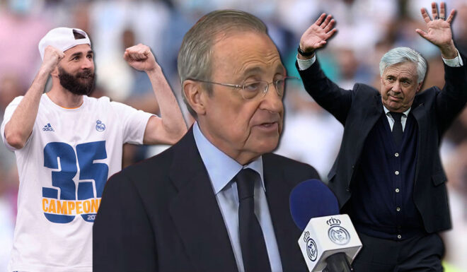 Florentino Perez Carlo Ancelotti Karim Benzema Real Madrid