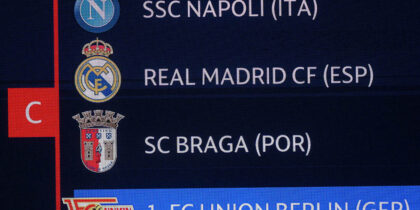 This photograph taken on August 31, 2023 shows a screen displaying the fixtures for the group stage C of the UEFA Champions League football cup during the draw for the 2023/2024 UEFA Champions League football tournament at The Grimaldi Forum in the Principality of Monaco. (Photo by NICOLAS TUCAT / AFP) (Photo by NICOLAS TUCAT/AFP via Getty Images)