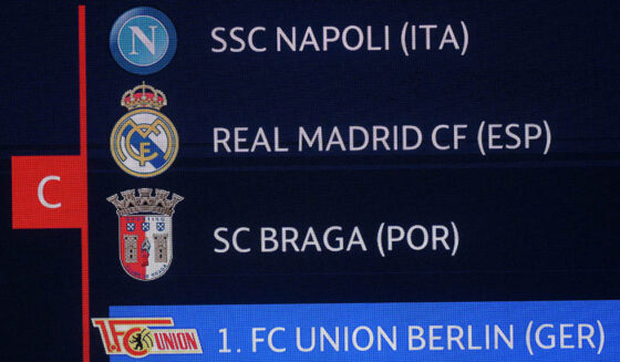 This photograph taken on August 31, 2023 shows a screen displaying the fixtures for the group stage C of the UEFA Champions League football cup during the draw for the 2023/2024 UEFA Champions League football tournament at The Grimaldi Forum in the Principality of Monaco. (Photo by NICOLAS TUCAT / AFP) (Photo by NICOLAS TUCAT/AFP via Getty Images)