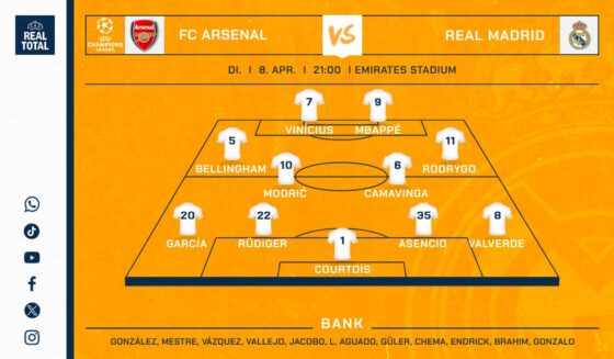 Startelf Real Madrid vs. Arsenal CL-Viertelfinale